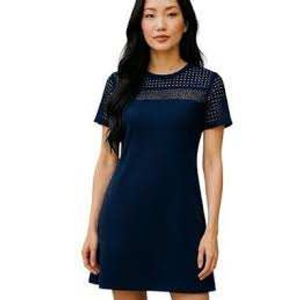 Michael Kors Black Eyelet Mesh Athleisure Minimalist Yoke Shift Dress Womens XL